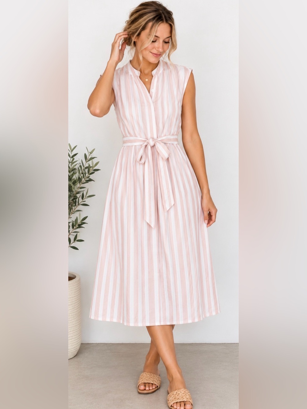 215 Calvin Klein Pink White Stripe Belted Midi Shirt Dress Size 6